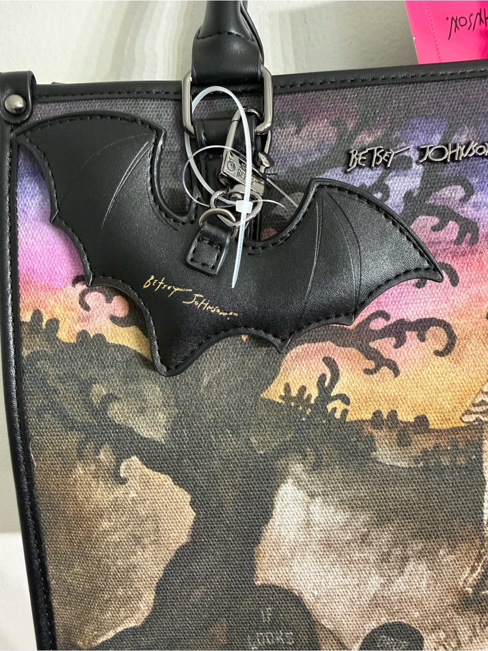 NWT Betsey Johnson Haunted House Tote Bag Halloween Satchel Purse with Bat Charm - Picture 4 of 8